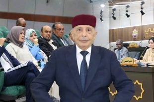 صورة مركبة تظهر رئيس مجلس النواب الليبي "عقيلة صالح" في المقدمة مرتدياً بدلة رسمية وقبعة (شنة) حمراء، وفي الخلفية تظهر لقطتان من داخل قاعة اجتماعات مجلس النواب؛ إحداهما لمنصة الرئاسة والأخرى لعدد من أعضاء البرلمان أثناء إحدى الجلسات