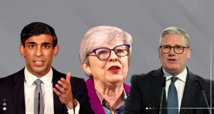 تصميم غرافيكي يجمع ثلاثة من رؤساء وزراء بريطانيا المتعاقبين؛ يظهر فيه ريشي سوناك على اليسار متحدثاً، وتيريزا ماي في المنتصف بنظارتها الزرقاء، وكير ستارمر على اليمين خلف منصة خطابات، على خلفية رمادية منقطة