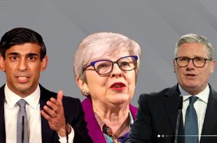 تصميم غرافيكي يجمع ثلاثة من رؤساء وزراء بريطانيا المتعاقبين؛ يظهر فيه ريشي سوناك على اليسار متحدثاً، وتيريزا ماي في المنتصف بنظارتها الزرقاء، وكير ستارمر على اليمين خلف منصة خطابات، على خلفية رمادية منقطة