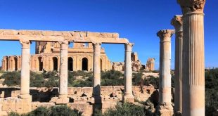 صفوف من الأعمدة الرومانية القديمة ذات التيجان المنحوتة المقامة على قواعد حجرية بمدينة صبراتة، يظهر في خلفيتها مبنى المسرح الأثري ذو الأقواس تحت سماء زرقاء صافية وتتخللها شجيرات خضراء