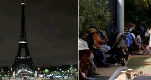 اليمين يظهر عائلات وأطفال في عربات يجلسون في الظل هرباً من حرارة الشمس، واليسار يظهر برج إيفل في باريس ليلاً.