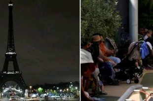 اليمين يظهر عائلات وأطفال في عربات يجلسون في الظل هرباً من حرارة الشمس، واليسار يظهر برج إيفل في باريس ليلاً.