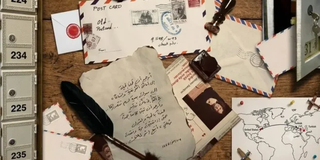 رسائل ومظاريف بريدية قديمة مع طوابع وخريطة توضح مسار مراسلات دولية على طاولة خشبية.
