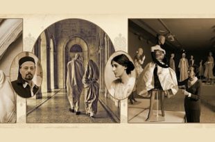 تصميم بصري يجمع مشاهد من الأزياء التقليدية الليبية وتطور الملابس عبر الزمن، مع صور لشخصيات تاريخية وأزياء معروضة داخل متحف، في إشارة إلى ارتباط الملابس بالهوية والذاكرة الثقافية.