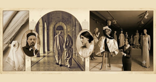 تصميم بصري يجمع مشاهد من الأزياء التقليدية الليبية وتطور الملابس عبر الزمن، مع صور لشخصيات تاريخية وأزياء معروضة داخل متحف، في إشارة إلى ارتباط الملابس بالهوية والذاكرة الثقافية.