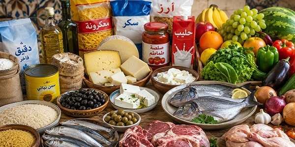 مجموعة متنوعة من المواد الغذائية تشمل اللحوم والأسماك والأجبان والخضروات والفواكه والحبوب مرتبة على طاولة، تعكس مكونات سلة الغذاء الشائعة لدى الأسر الليبية. صورة بالذكاء الاصطناعي