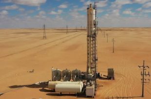 لقطة من الأعلى لمنشآت بئر مياه تابعة لمشروع النهر الصناعي في منطقة صحراوية شاسعة، تشمل برجاً معدنياً رأسياً وخزانات أفقية بيضاء ومعدات ضخ، ويمتد بجانبها صف من أعمدة بروج الكهرباء تحت سماء زرقاء بها غيوم متفرقة