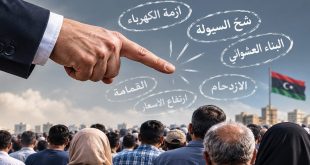 صورة تعبيرية تظهر يداً ضخمة لشخص يرتدي بدلة رسمية وهي تشير بإصبع الاتهام نحو حشد من المواطنين (تظهر ظهروهم)، وتحيط بالإصبع دوائر بيضاء مكتوب داخلها الأزمات اليومية: "أزمة الكهرباء"، "شح السيولة"، "البناء العشوائي"، "الازدحام"، "ارتفاع الأسعار"، "القمامة"، وفي الخلفية يرفرف العلم الليبي فوق مباني المدينة تحت سماء غائمة جزئياً