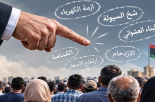 صورة تعبيرية تظهر يداً ضخمة لشخص يرتدي بدلة رسمية وهي تشير بإصبع الاتهام نحو حشد من المواطنين (تظهر ظهروهم)، وتحيط بالإصبع دوائر بيضاء مكتوب داخلها الأزمات اليومية: "أزمة الكهرباء"، "شح السيولة"، "البناء العشوائي"، "الازدحام"، "ارتفاع الأسعار"، "القمامة"، وفي الخلفية يرفرف العلم الليبي فوق مباني المدينة تحت سماء غائمة جزئياً