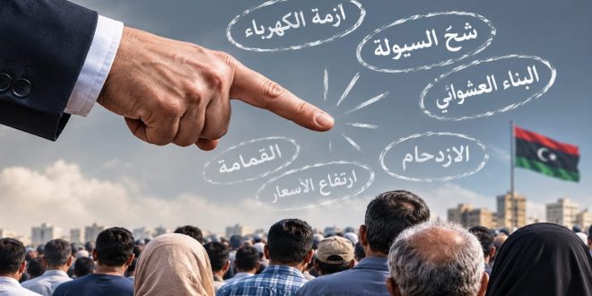 صورة تعبيرية تظهر يداً ضخمة لشخص يرتدي بدلة رسمية وهي تشير بإصبع الاتهام نحو حشد من المواطنين (تظهر ظهروهم)، وتحيط بالإصبع دوائر بيضاء مكتوب داخلها الأزمات اليومية: "أزمة الكهرباء"، "شح السيولة"، "البناء العشوائي"، "الازدحام"، "ارتفاع الأسعار"، "القمامة"، وفي الخلفية يرفرف العلم الليبي فوق مباني المدينة تحت سماء غائمة جزئياً