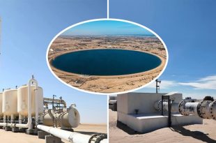 تجميعة صور لـمنظومة النهر الصناعي في ليبيا تظهر منشآت تشغيلية، أنابيب ضخ ضخمة في منطقة صحراوية، وفي المنتصف لقطة جوية دائرية لخزان مائي دائري كبير مليء بالمياه الزرقاء وسط الصحراء.