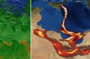 صورة مقسمة إلى جزأين لخرائط رصد جوي ومناخي؛ الجزء الأيمن يظهر خريطة ملتقطة بالأقمار الصناعية للبحر المتوسط وشمال إفريقيا يتخللها مسار ناري أحمر ومضيء يمتد من جزيرة صقلية نحو الأراضي الليبية، والجزء الأيسر يظهر خريطة جوية خضراء لتيارات الرياح وتوزع الغازات في منطقة حوض المتوسط.