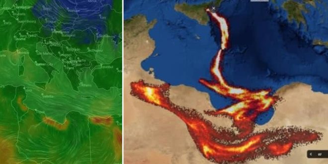 صورة مقسمة إلى جزأين لخرائط رصد جوي ومناخي؛ الجزء الأيمن يظهر خريطة ملتقطة بالأقمار الصناعية للبحر المتوسط وشمال إفريقيا يتخللها مسار ناري أحمر ومضيء يمتد من جزيرة صقلية نحو الأراضي الليبية، والجزء الأيسر يظهر خريطة جوية خضراء لتيارات الرياح وتوزع الغازات في منطقة حوض المتوسط.