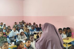مجموعة من الأطفال والطلاب اللاجئين والمهاجرين من ذوي البشرة السمراء يجلسون على مقاعدهم الدراسية باهتمام، بينما تقف معملة ترتدي حجاباً تلتف بظهرها نحو الكاميرا لتشرح لهم الدرس