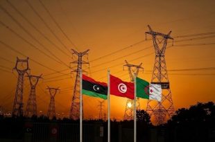 ​أعلام دول ليبيا وتونس والجزائر أمام أبراج الضغط العالي للكهرباء تعبيراً عن أزمة انقطاع التيار الكهربائي في المغرب العربي.