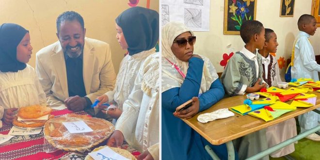 ​صورة مركبة توثق اختتام معرض منتدى "من أجل جيل أفضل" في الغريفة، تظهر تفاعل الحضور مع الأطفال المعروضة أعمالهم اليدوية والمأكولات الشعبية وسط أجواء فرح وسعادة.