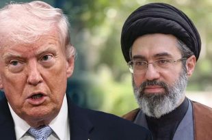 صورة مركبة تجمع بين رئيس الولايات المتحدة السابق دونالد ترامب ورجل الدين الإيراني مجتبى خامنئي، تُعبر عن التوتر والمواجهة بين واشنطن وطهران