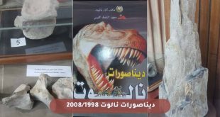 صورة تجميعية من ثلاثة أجزاء تعرض مقتنيات متحف نالوت يحمل صورة رأس ديناصور فاغر فاه وبعنوان "ديناصورات نالوت"