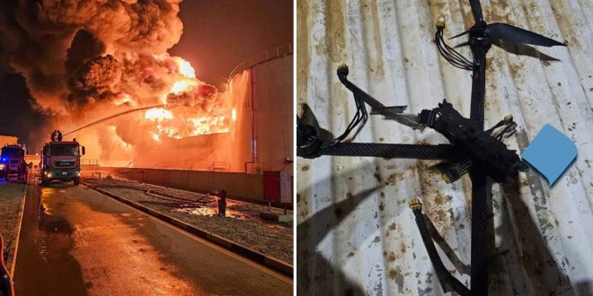 صورة مقسمة إلى جزأين: الأول يظهر عمليات إطفاء حريق ضخم ليلاً في خزان وقود بمصفاة الزاوية، والثاني يظهر حطام طائرة مسيّرة من طراز FPV يُعتقد أنها استخدمت في الهجوم.