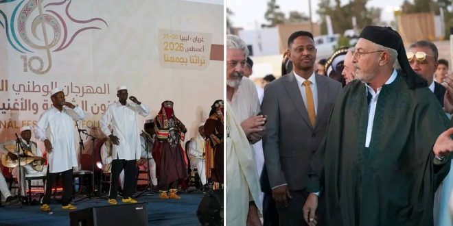 صورة مقسمة إلى لوحتين من حفل افتتاح المهرجان الوطني للفنون الشعبية في غريان. على اليمين، يظهر وفد رسمي يتقدمه رجل بالزي التقليدي الأخضر يتحدث، وبجانبه آخر ببدلة رمادية وربطة عنق. على اليسار، عرض لفرقة شعبية تقدم رقصاً تراثياً على المسرح، مع عازف عود جالس، وخلفهم لافتة المهرجان بالعربية والإنجليزية
