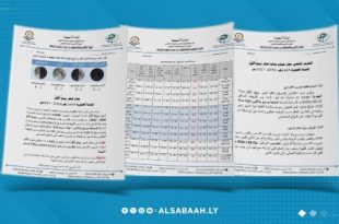 جدول صادر عن المركز الليبي للاستشعار عن بُعد وعلوم الفضاء يوضح أوقات غروب الشمس والقمر ومدة مكث الهلال في عدد من المدن الليبية يوم 13 أغسطس 2026