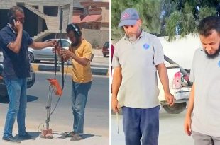 صورة مركبة تظهر في الجانب الأيسر فنيين يستخدمون أجهزة الكشف عن التلف والأعطال الأرضية