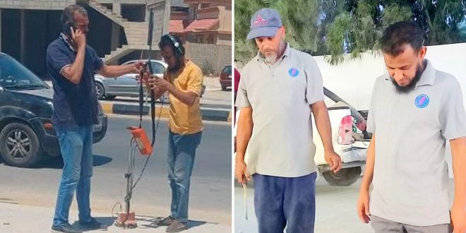 صورة مركبة تظهر في الجانب الأيسر فنيين يستخدمون أجهزة الكشف عن التلف والأعطال الأرضية