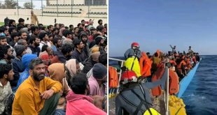 ​صورة مركبة تعبر عن ملف الهجرة غير النظامية في ليبيا، توضح مجموعة من المهاجرين ومشاهد لعمليات البحث والإنقاذ في البحر المتوسط.
