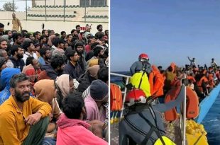 ​صورة مركبة تعبر عن ملف الهجرة غير النظامية في ليبيا، توضح مجموعة من المهاجرين ومشاهد لعمليات البحث والإنقاذ في البحر المتوسط.