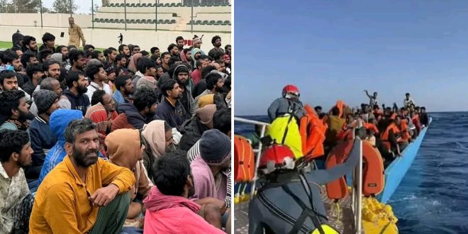 ​صورة مركبة تعبر عن ملف الهجرة غير النظامية في ليبيا، توضح مجموعة من المهاجرين ومشاهد لعمليات البحث والإنقاذ في البحر المتوسط.
