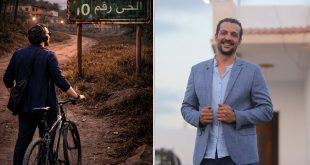 صورة مركبة تضم المخرج الليبي منير باعور مبتسمًا على اليمين، وعلى اليسار لقطة لشخص يمسك بدراجة هوائية على طريق ترابي بجوار لافتة مكتوب عليها "الحي رقم 10".