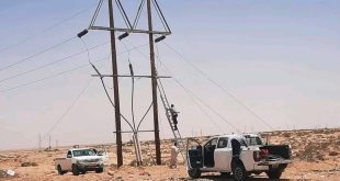 فني صيانة يتسلق سلماً خشبياً لإصلاح خطوط شبكة الكهرباء على عمود خشب مزدوج في منطقة صحراوية، بجوار سيارات الخدمة الميدانية
