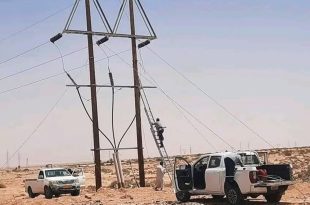 فني صيانة يتسلق سلماً خشبياً لإصلاح خطوط شبكة الكهرباء على عمود خشب مزدوج في منطقة صحراوية، بجوار سيارات الخدمة الميدانية
