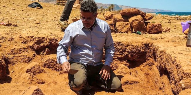 رجل يرتدي قميصاً أزرق ونظارة يجثو على ركبتيه في حفرة تنقيب أثرية بالموقع الساحلي لأبوللونيا في ليبيا، ممسكاً بمسطرين ومنحنياً للأمام للتركيز على التربة والحجارة المحيطة به. الصورة مرتبطة بخبر لمنصة الصباح يحذر من المخاطر التي تواجه الآثار الساحلية الليبية وغياب حمايتها.