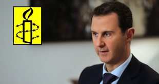 صورة قريبة للرئيس السوري السابق بشار الأسد وبجوارها شعار منظمة العفو الدولية (Amnesty International).