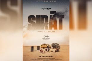 ملصق فيلم "Sirât" مع ظهور أبطال الفيلم في المشهد وهم جالسين في الصحراء