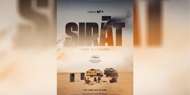 ملصق فيلم "Sirât" مع ظهور أبطال الفيلم في المشهد وهم جالسين في الصحراء