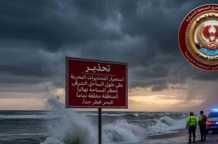 لوحة تحذيرية حمراء على شاطئ بحر هائج تحذر من خطر السباحة وحظرها تماماً، بجانب سيارة إنقاذ وعناصر السلامة البحرية.