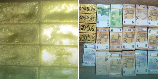 صورة مجمعة تُظهر سبائك ذهبية محفور عليها أوزانها وإلى جانبها حزم مرتبة من عملة اليورو الورقية المضبوطة في عملية مكافحة التهريب.