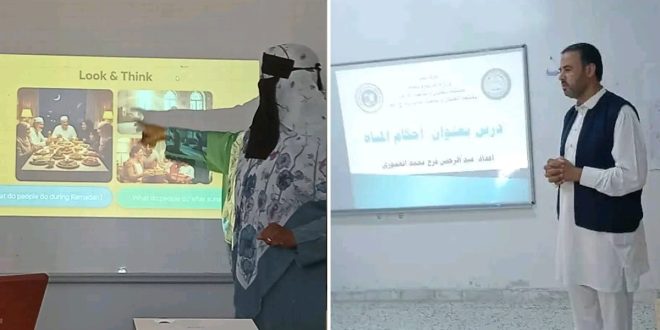 صورة مقسمة لجانبين تظهر معلماً ومعلمة أثناء تقديم العروض التقديمية والمقابلات الشخصية ضمن مسابقة التفتيش التربوي.