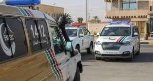 صورة لأسطول من مركبات الإسعاف والاستجابة الطبية التابعة لمركز طب الطوارئ والدعم، بما في ذلك شاحنة بيك آب وسيارة ميني فان، متوقفة في شارع بمدينة نهارية. الرقم "1412" ظاهر بوضوح بحجم كبير على جانب السيارة الأمامية إلى اليسار. المركبات بيضاء ومزينة بشريط يحمل ألوان العلم وشعار "EM SC" (مركز طب الطوارئ والدعم). المباني السكنية وأشجار النخيل تشكل الخلفية. الصورة توضح الوسائل المستخدمة ضمن منظومة استقبال البلاغات والتعامل معها.