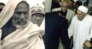 صورة مجمعة تُظهر إلى اليمين نجل عمر المختار، محمد، في لحظة تاريخية يتلقى فيها انحناءة اعتذار من رئيس الوزراء الإيطالي سيلفيو برلسكوني في بنغازي، وإلى اليسار لقطة قريبة لوالده "أسد الصحراء" عمر المختار مكبلاً ويقف خلفه ضابط إيطالي.