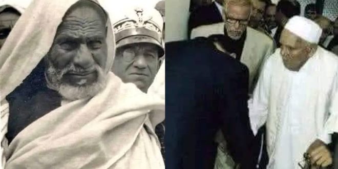صورة مجمعة تُظهر إلى اليمين نجل عمر المختار، محمد، في لحظة تاريخية يتلقى فيها انحناءة اعتذار من رئيس الوزراء الإيطالي سيلفيو برلسكوني في بنغازي، وإلى اليسار لقطة قريبة لوالده "أسد الصحراء" عمر المختار مكبلاً ويقف خلفه ضابط إيطالي.