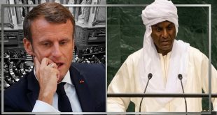صورة مركبة تجمع الرئيس الفرنسي إيمانويل ماكرون، في الجانب الأيسر، وإبراهيم غالي، في الجانب الأيمن، خلال ظهورين رسميين.