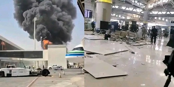 صورة مركبة تظهر في الجانب الأيسر تصاعد أعمدة الدخان الأسود من مبنى مطار، وفي الجانب الأيمن آثار الدمار والركام داخل صالة مطار متضررة.
