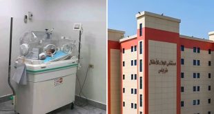 صورة مركبة تجمع بين الواجهة الخارجية لمبنى مستشفى الجلاء للأطفال بطرابلس وحاضنة حديثي الولادة داخل أحد أروقة المستشفى