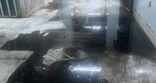 ​صورة لأرضية ممر غارقة بتجمعات المياه مع آثار رطوبة وتآكل في جدران مستشفى طرابلس المركزي.
