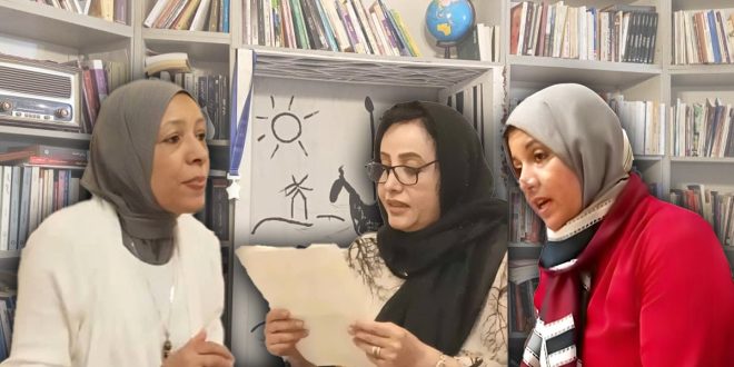 صورة فوتوغرافية تجمعيّة لـ "صالون الرحاب الثقافي" في بنغازي، توثق حضور الشاعرات والكاتبات وهن يتبادلن النقاشات الأدبية وقراءة النصوص في أجواء ثقافية.