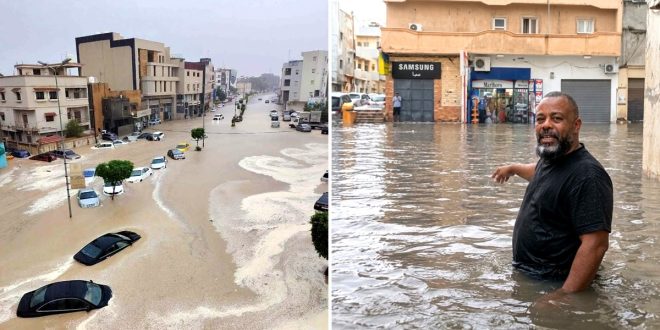 ​صورة مركبة مقسمة إلى شطرين تعرض آثار فيضانات مياه الأمطار في طرابلس، ليبيا. الجانب الأيمن يظهر رجلاً ذا بشرة سمراء ملتحياً يقف في مياه الفيضانات البنية العميقة التي تصل إلى وسطه، ويشير بيده نحو الخلف. يقف أمام بناية بها محال تجارية تحمل لوحات مكتوبة بالعربية والإنجليزية (مثل "Samsung" و"Marlboro")، والأبواب مغلقة جزئياً. الجانب الأيسر لقطة جوية مائلة من الأعلى لشارع رئيسي واسع متعدد الحارات غارق تماماً في المياه الموحلة. عدة سيارات متوقفة في المياه، بعضها يظهر منه السقف فقط. يحيط بالشارع أشجار صغيرة متراصة ومبانٍ متعددة الطوابق تحت سماء ملبدة بالغيوم.