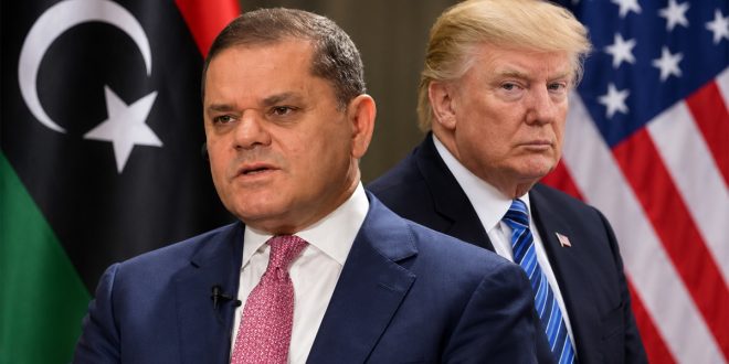 ​صورة تجمع رئيس حكومة الوحدة الوطنية عبد الحميد الدبيبة والرئيس الأمريكي دونالد ترامب أمام علمي البلدين للإشارة إلى رفض تصريحات ترامب المسيئة